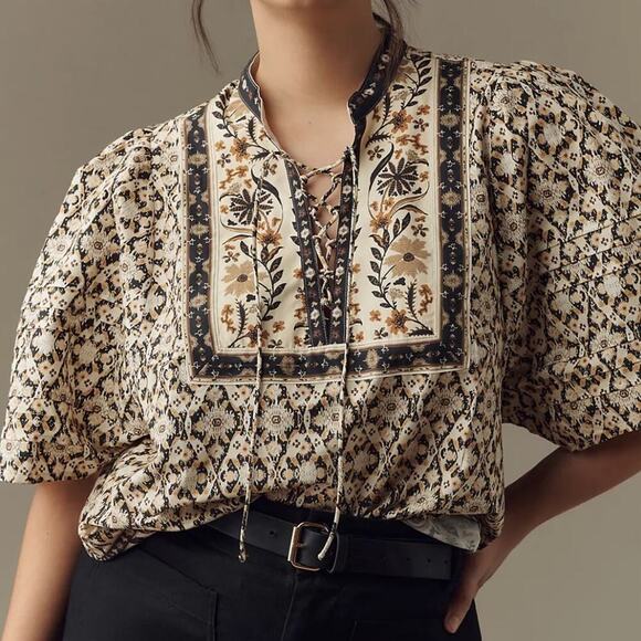 Anthropologie Pleated Puff Sleeve Lace Up Blouse - Picture 2 of 8